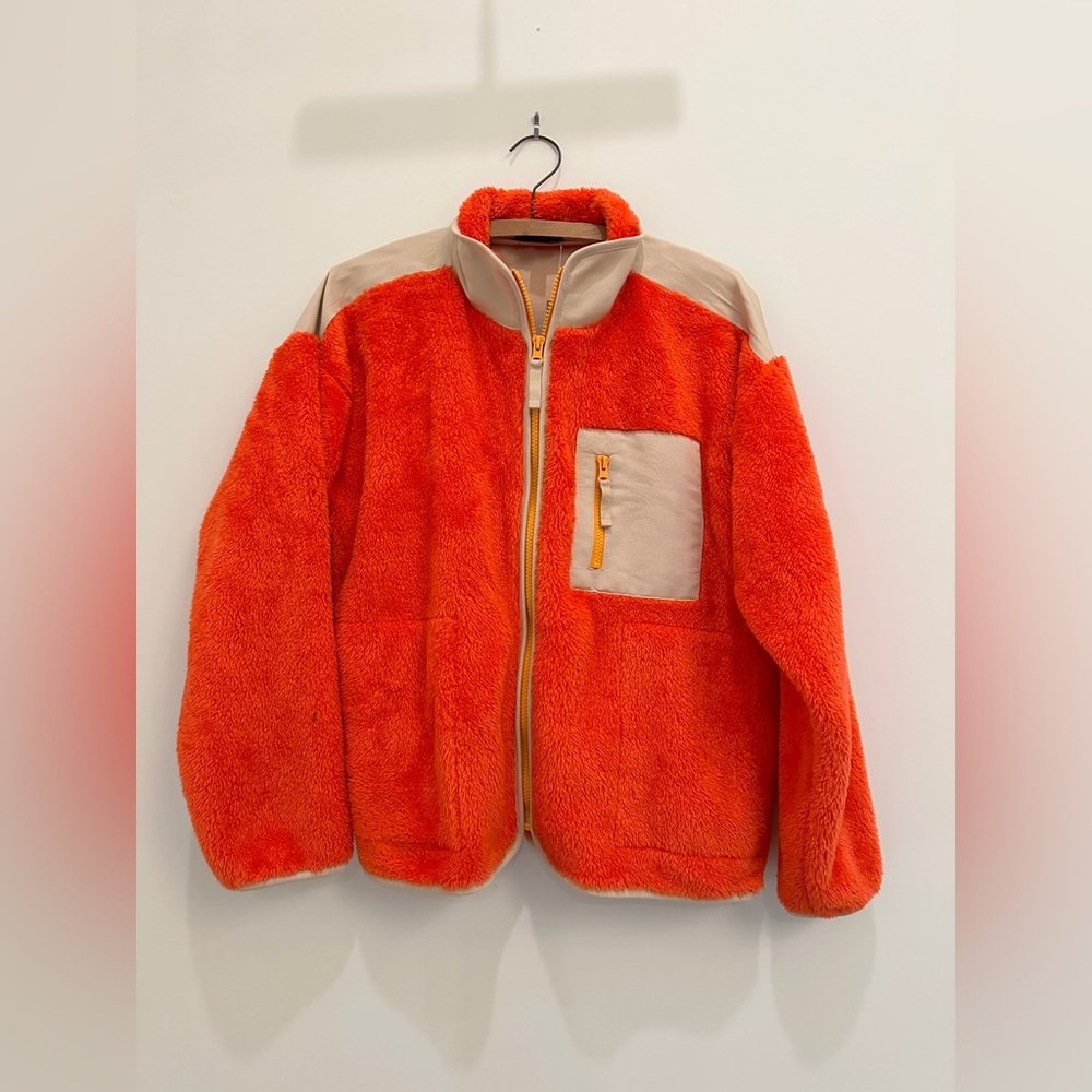 orange J CREW Superplush sherpa full-zip jacket